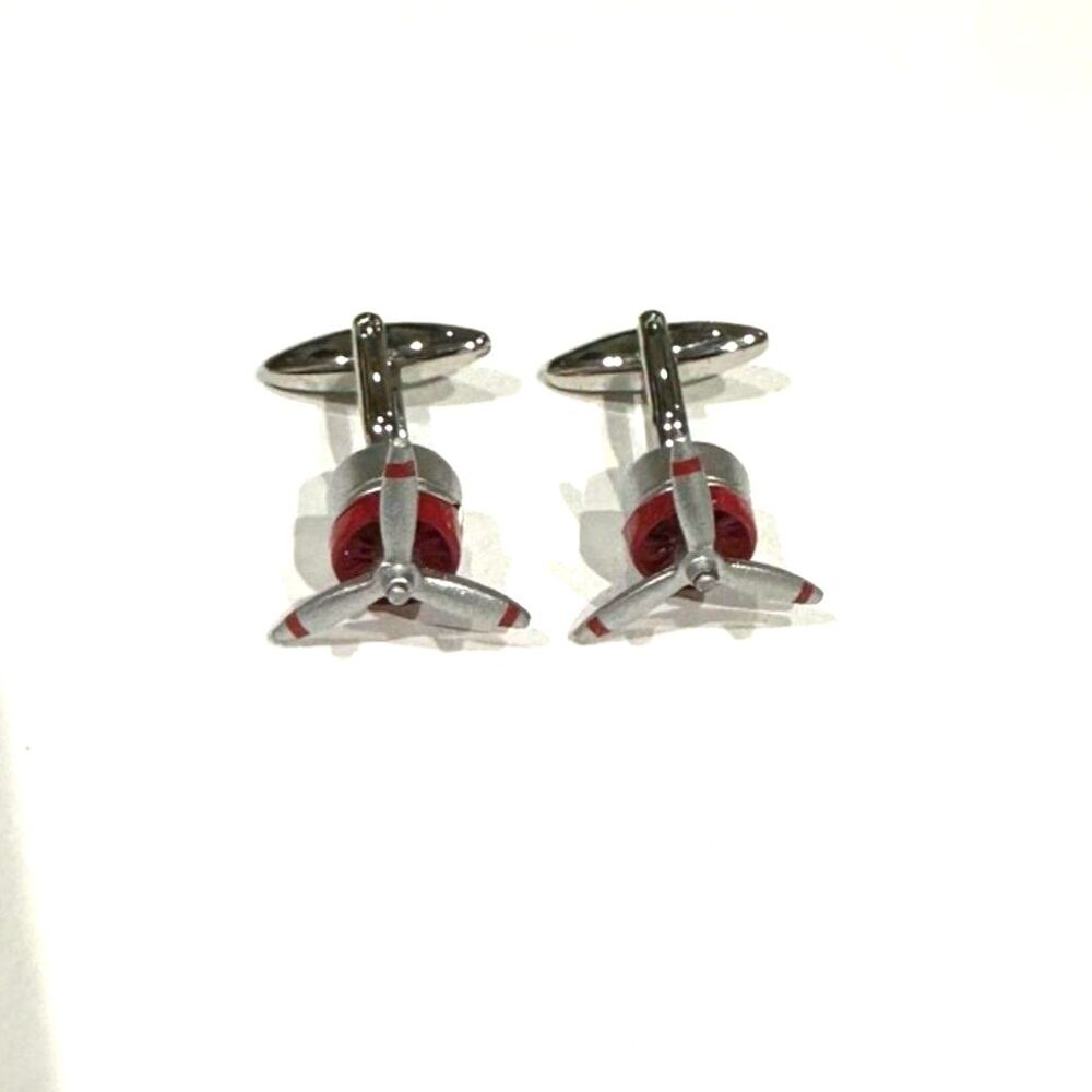 Aircraft Propeller Cufflinks Silver & Red | Vintage Aviation Novelty Cufflinks